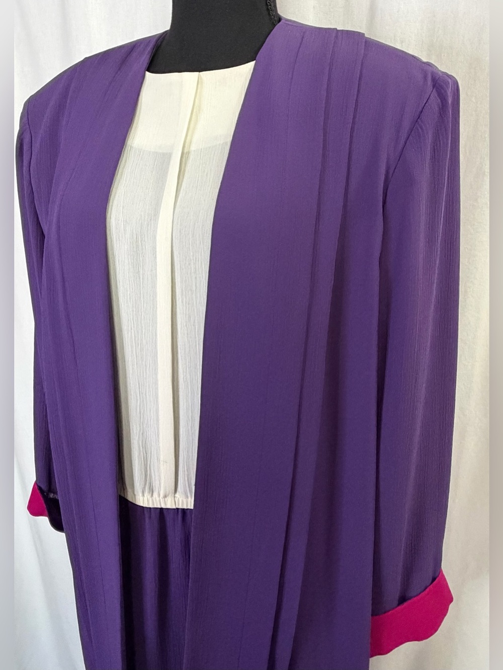 Vintage 80s Leslie Fay 18W Dress and Duster Jacket Set, Shoulder Pads, Pink Cuff